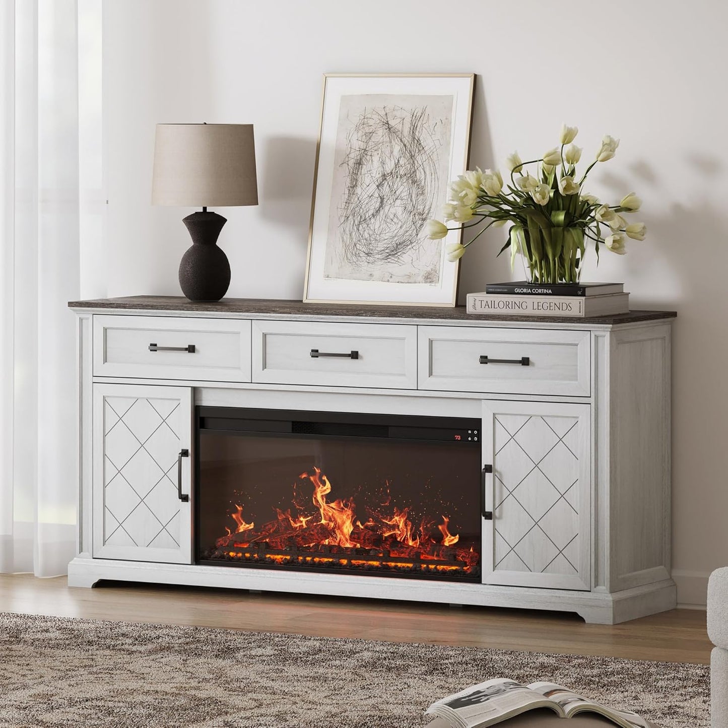 BELLEZE 68 TV Stand with Electric Fireplace & Storage