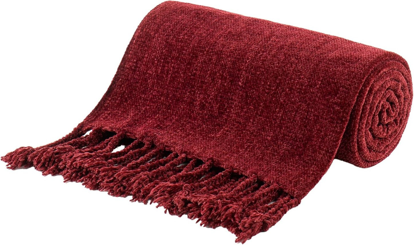 BATTILO HOME Burgundy Chenille Throw Blanket for Cozy Comfort