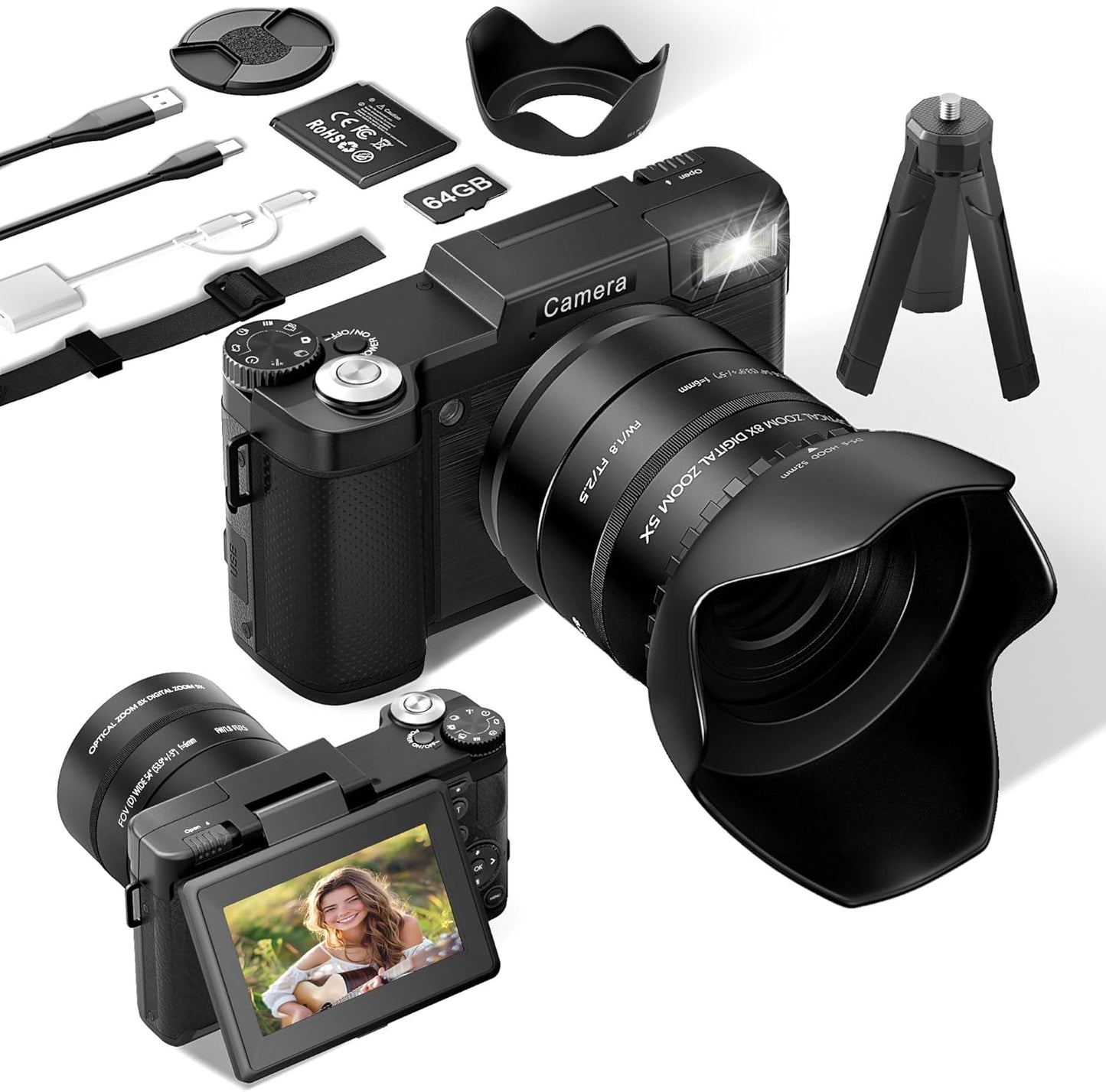 FLATIC 6K Digital Camera with 75MP and 8X Optical Zoom Features