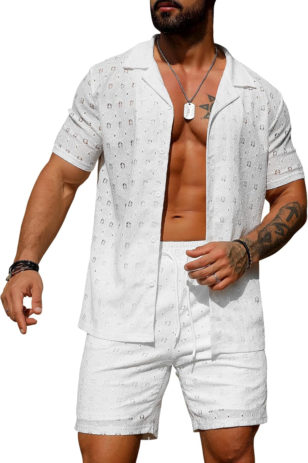 URRU Men's Summer Beach Set with Sheer Floral Lace Design