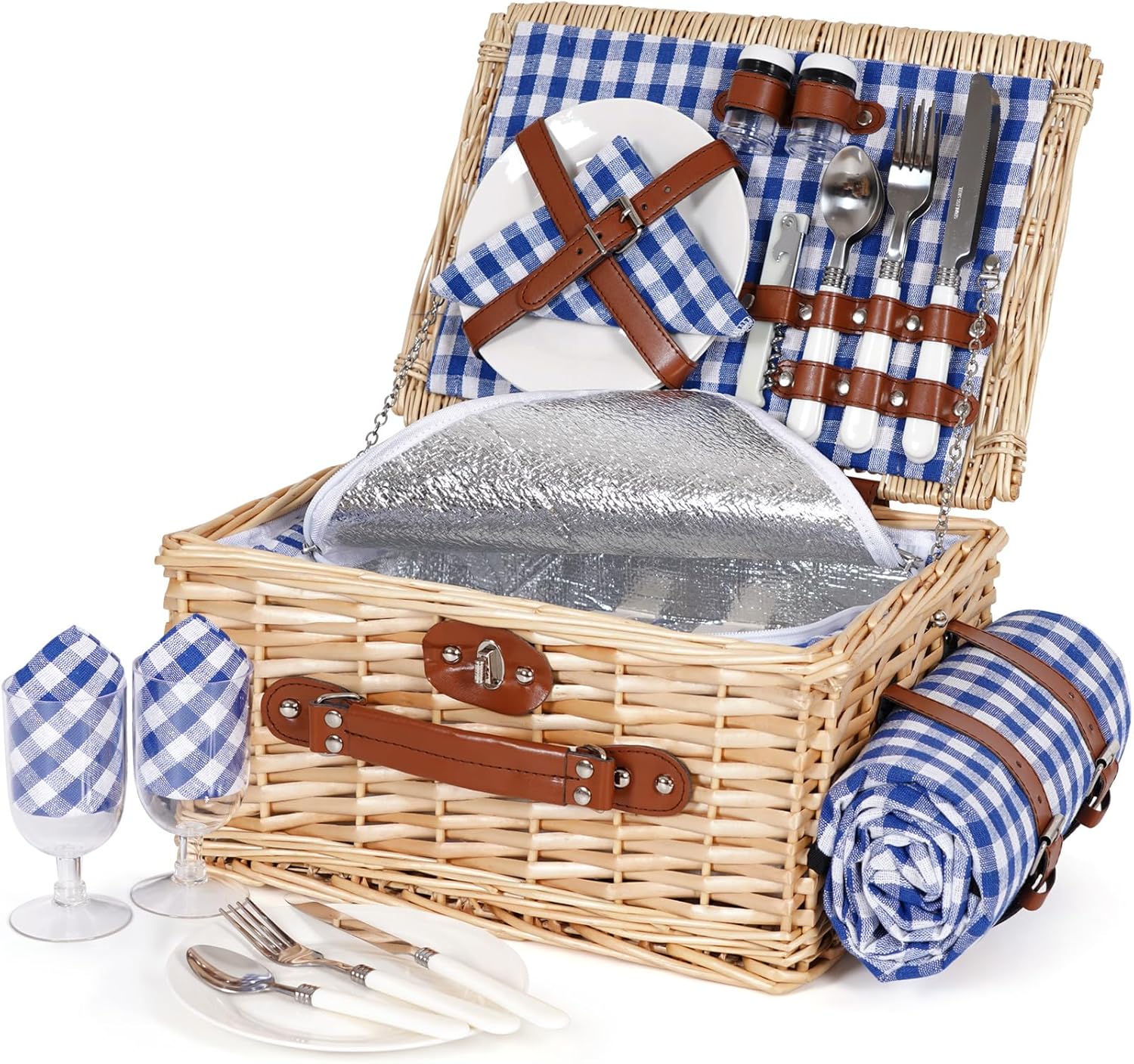Handmade Wicker Picnic Basket Set for 2 with Blanket & Cutlery