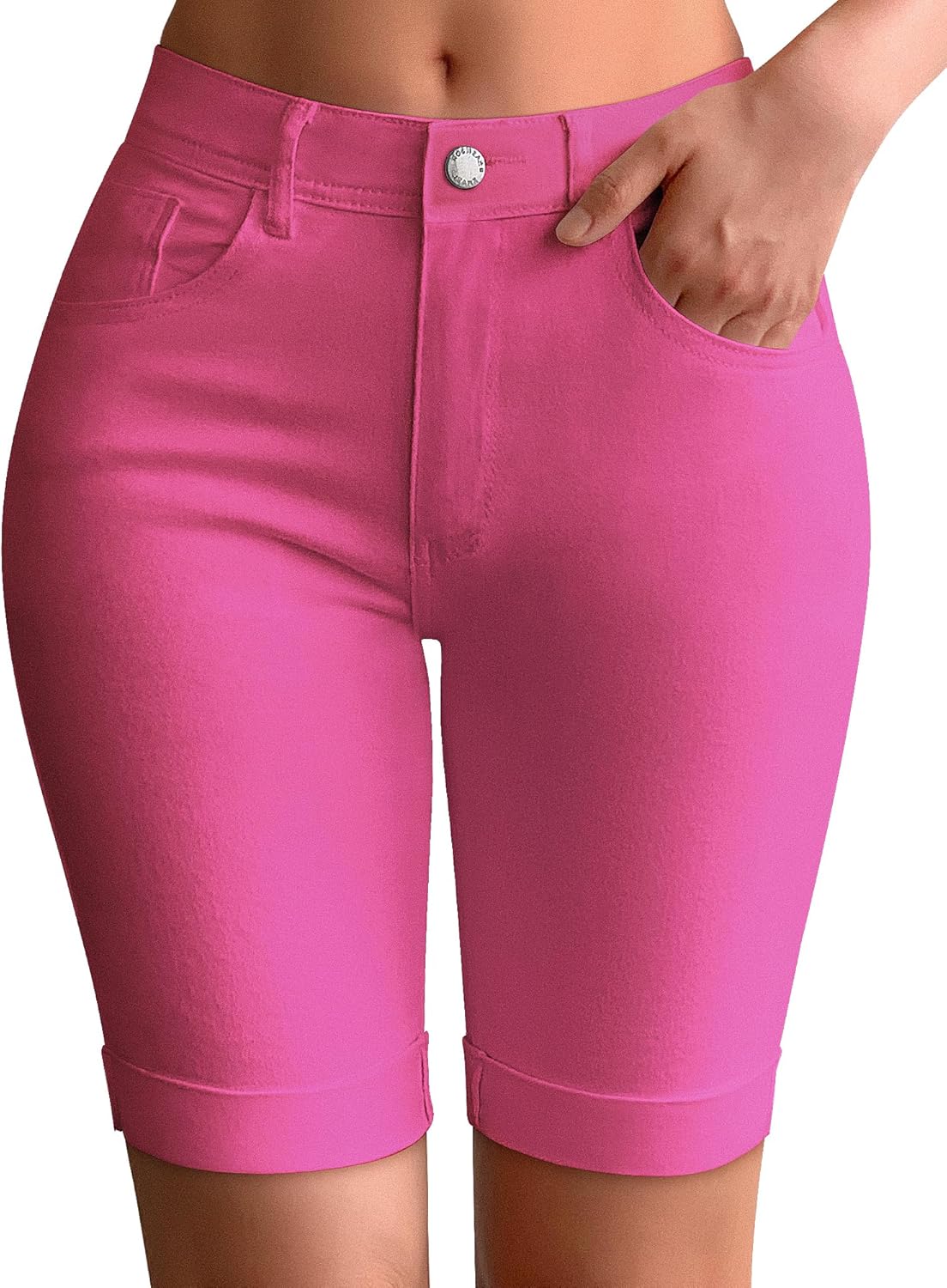 Roswear Womens Mid Rise Roll Cuff Bermuda Stretch Denim Shorts