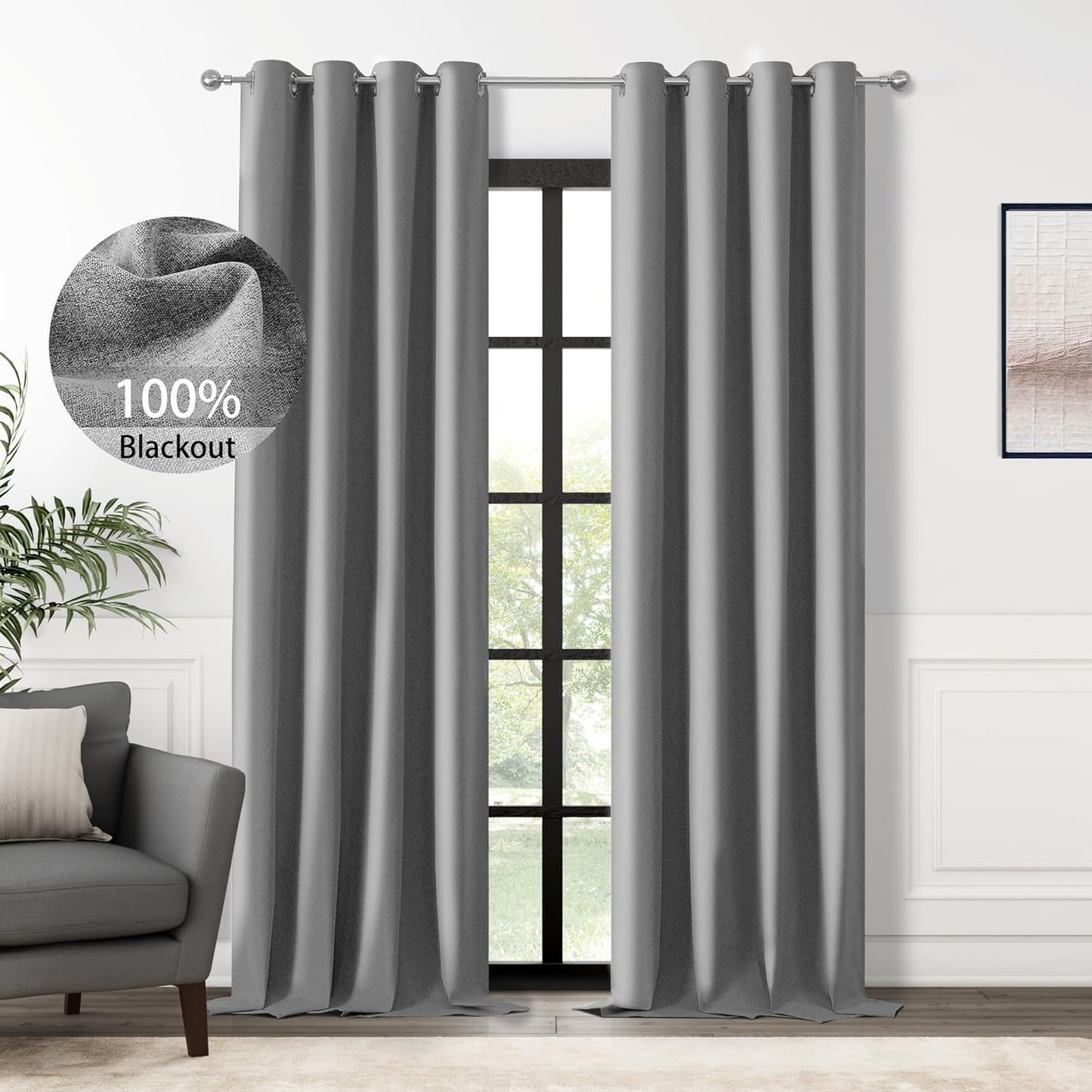 100% Blackout Grey Solid Curtains for Bedroom and Living Room