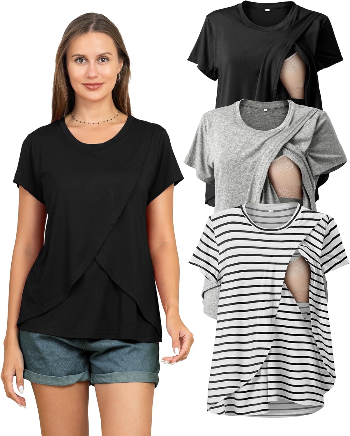 Rnxrbb Women's Nursing Tops 3 Pack for Summer Breastfeeding