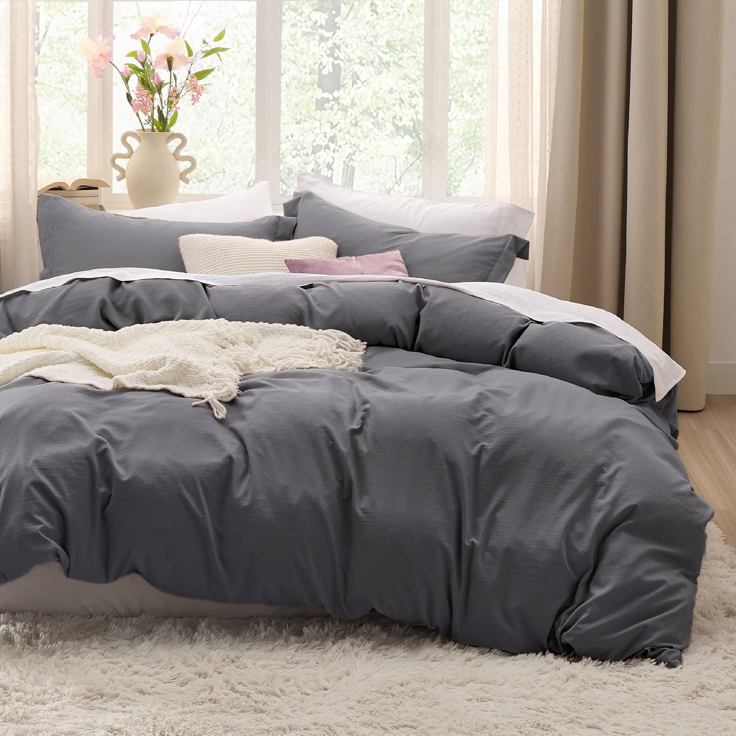 Bedsure Charcoal Grey Duvet Cover Set for Queen Size Beds