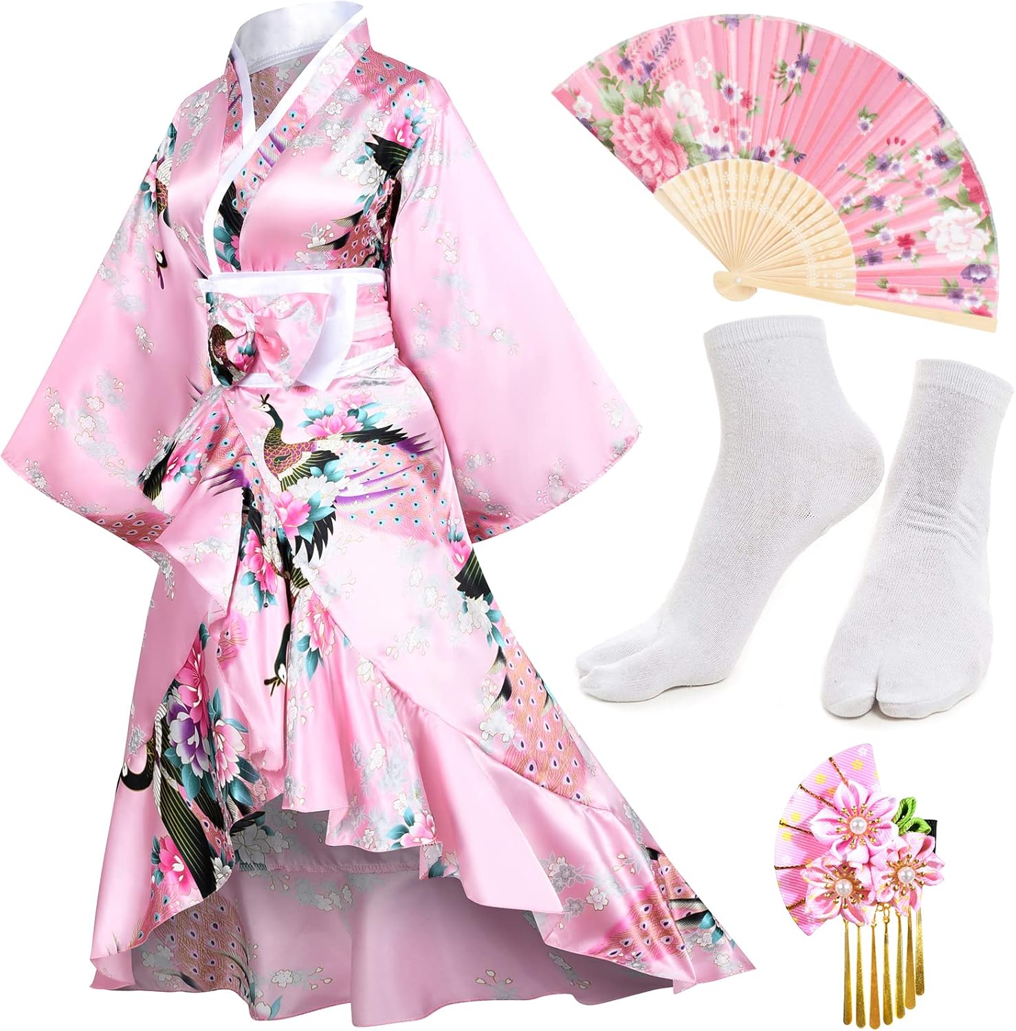 Women's Kimono Robe Geisha Yukata Sweet Tuxedo Ruffle Dress
