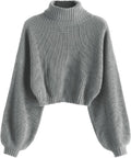 Stylish Lantern Sleeve Knit Sweater for Women - Cropped Turtleneck