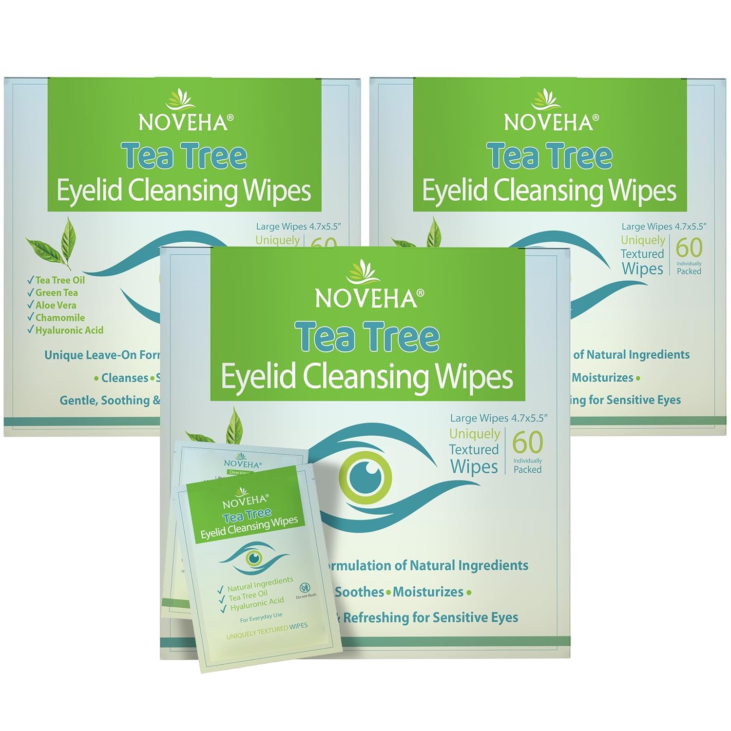 NOVEHA 180PCs Tea Tree Oil Eyelid & Lash Wipes for Itchy Eyes