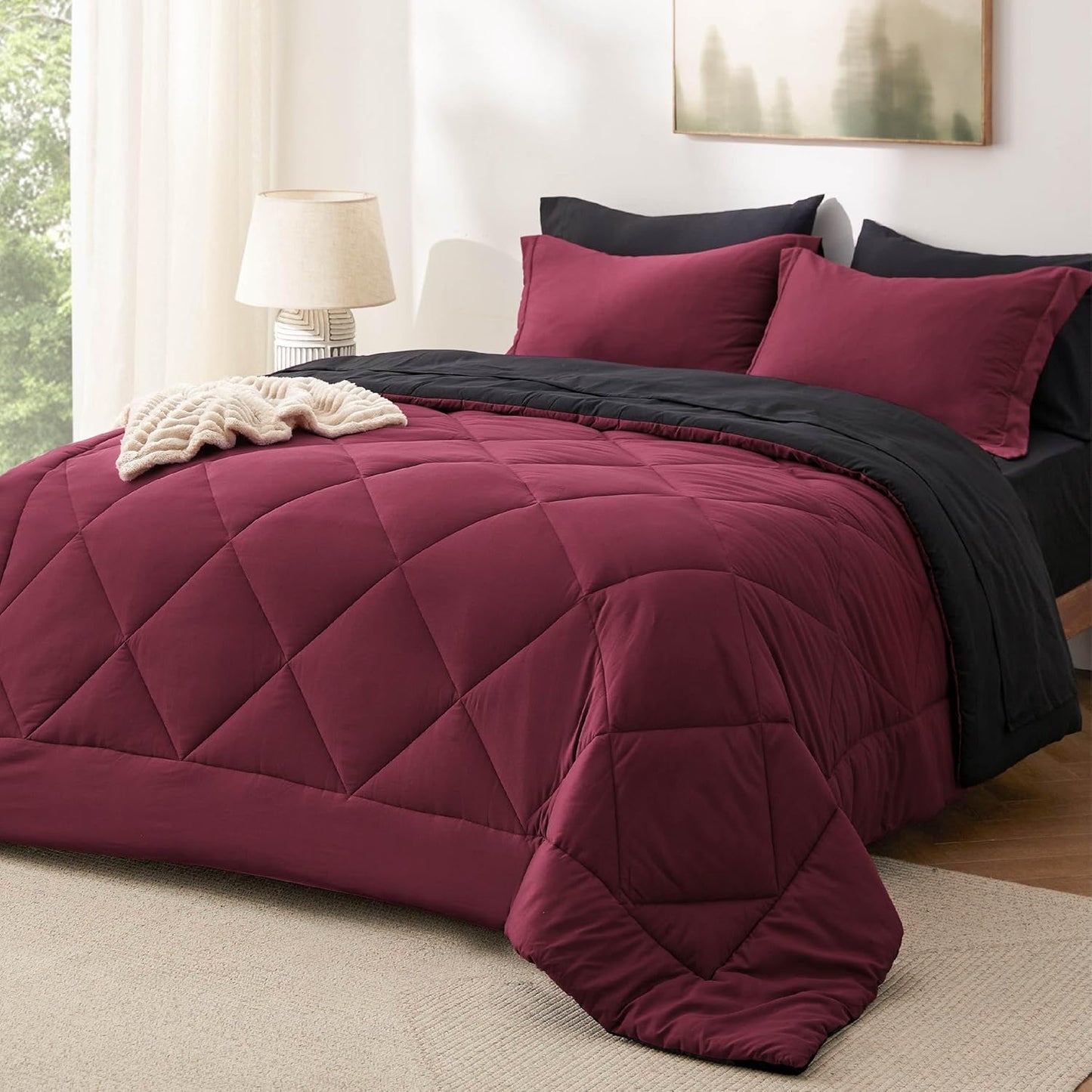 Queen Comforter Set - 7 Pieces Reversible Burgundy & Black Bedding