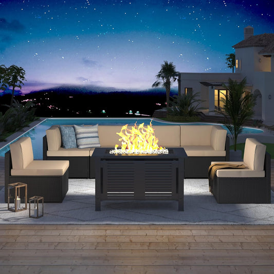 U-MAX 7 Piece Outdoor Patio Furniture Set with Fire Pit Table