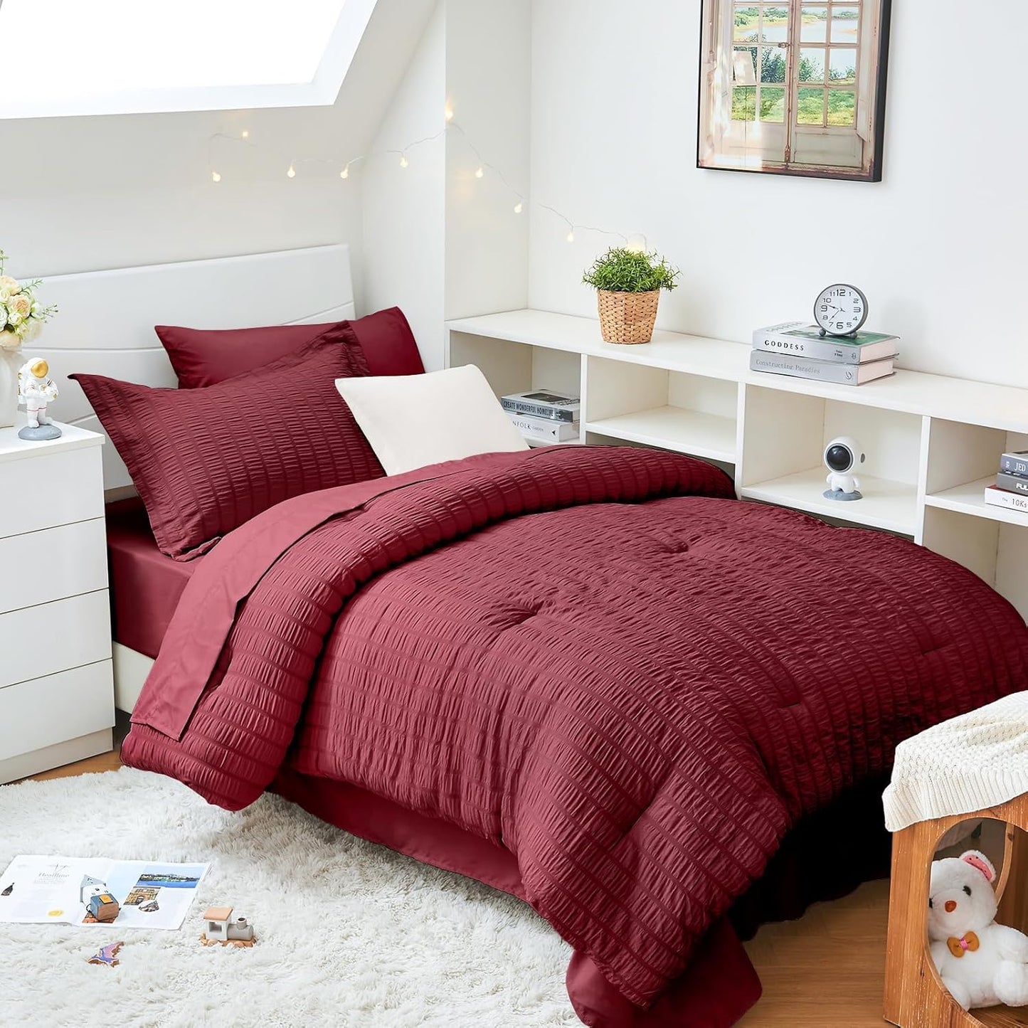 Burgundy Twin XL Comforter Set Seersucker 5 Pieces for Luxury