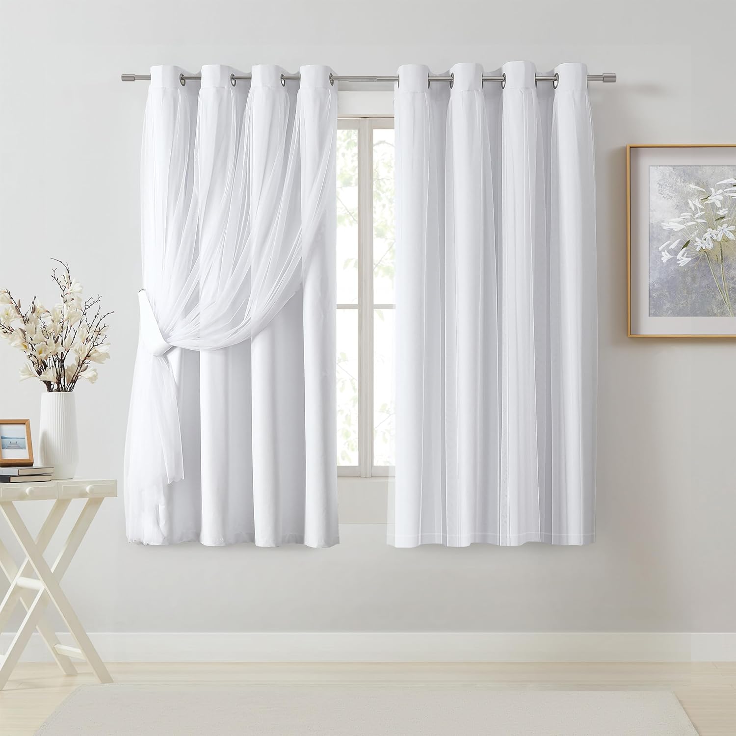 Bujasso White Full Blackout Curtain Panels for Elegant Living Rooms