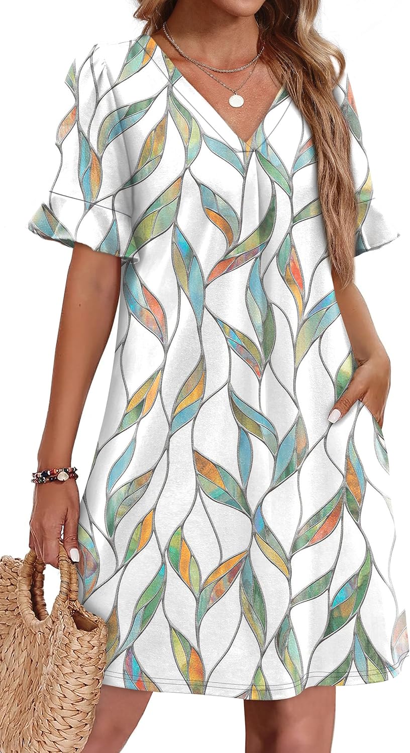 OFEEFAN Summer Dresses for Women with Ruffle Short Sleeves