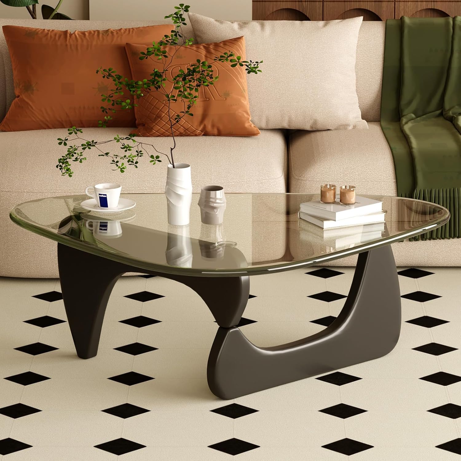 Mid Century Modern Coffee Table with Glass Top and Wood Base