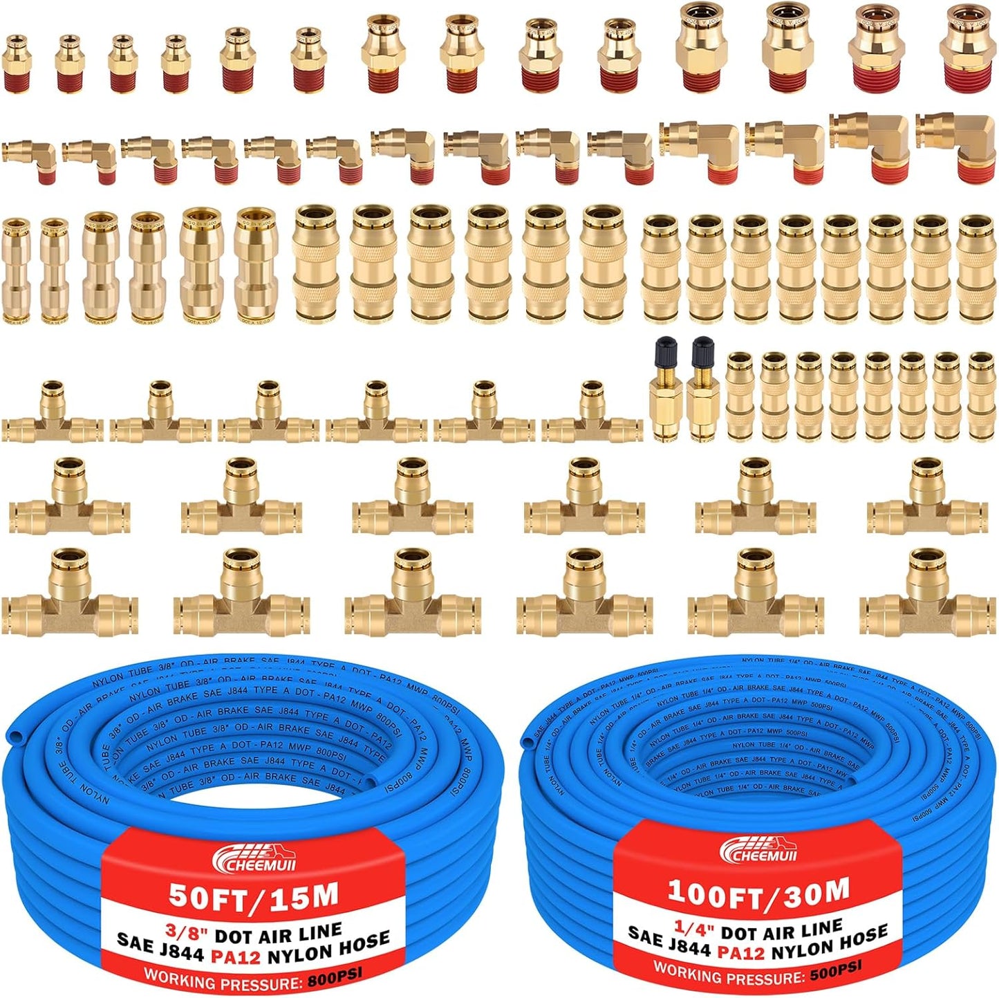 76 PCS Brass DOT Air Line Fittings with 100FT and 50FT Tubing Kit