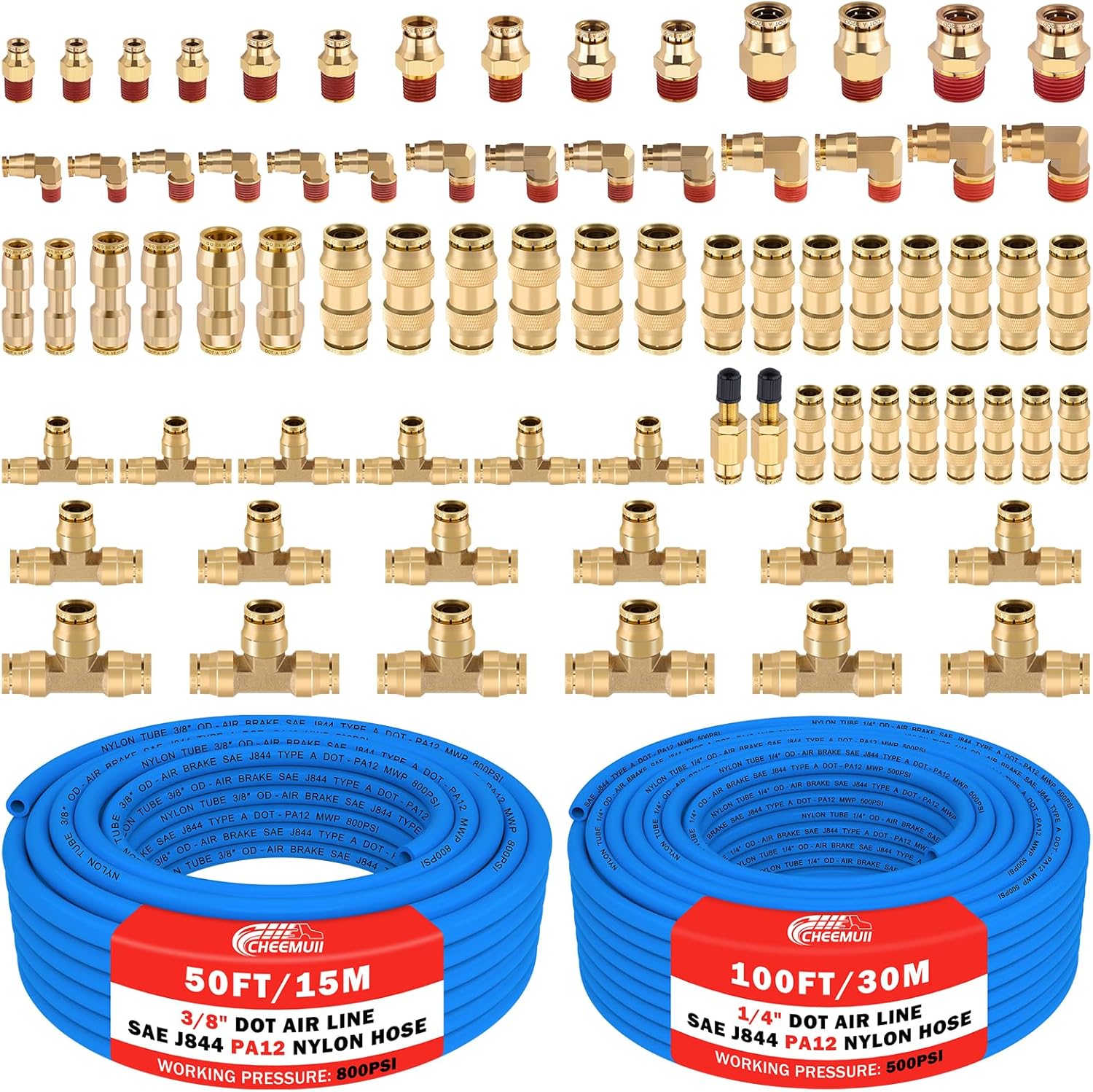 76 PCS Brass DOT Air Line Fittings with 100FT and 50FT Tubing Kit