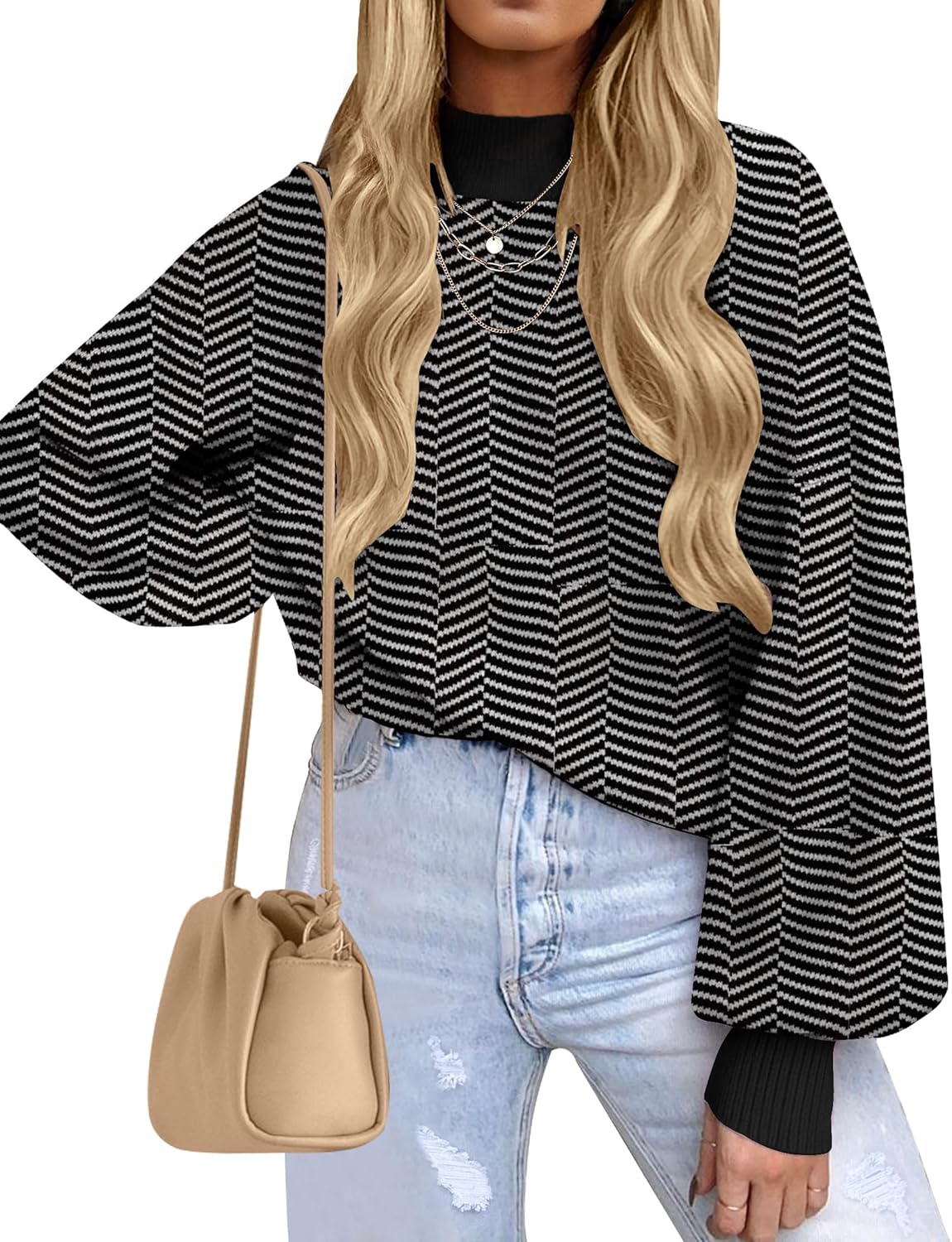 Stylish Turtleneck Long Sleeve Striped Pullover Sweater Tops