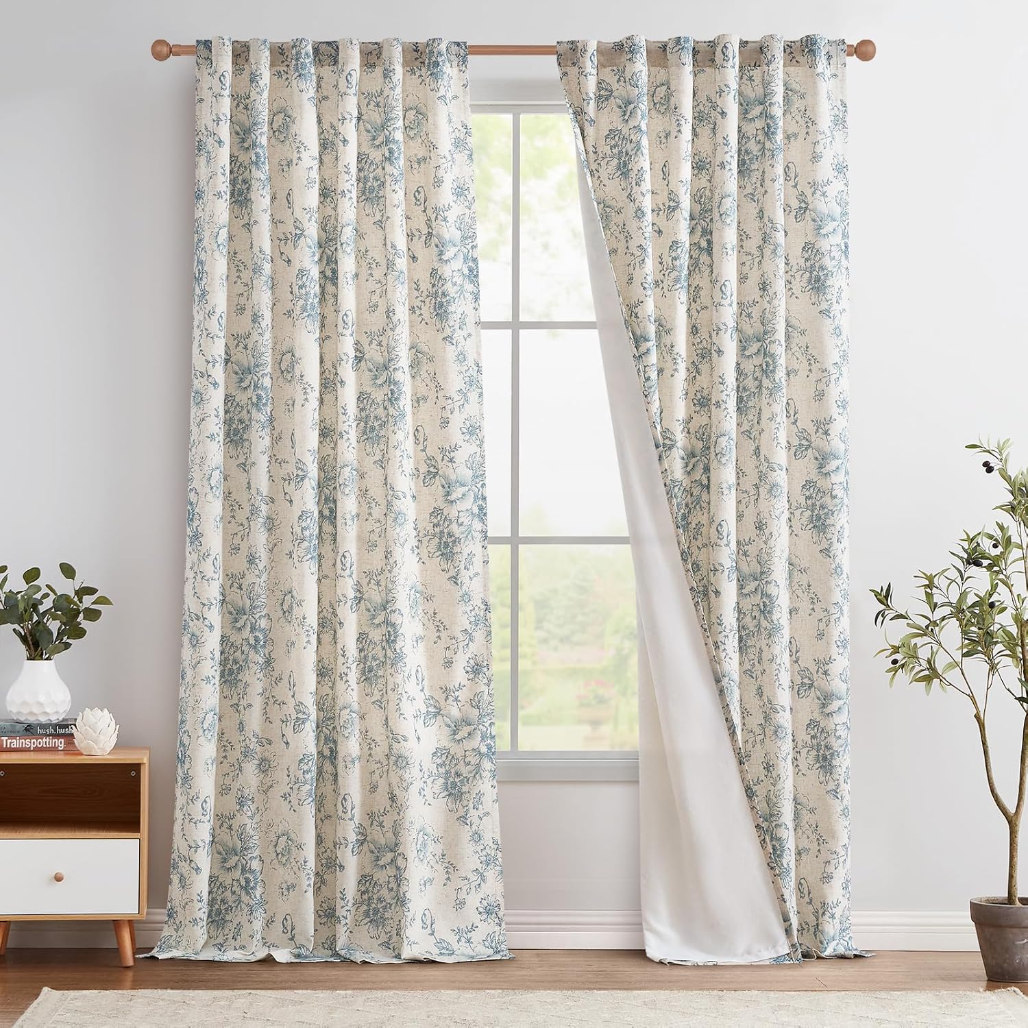 Floral Linen Blend Curtains for Living Room 108 in Long