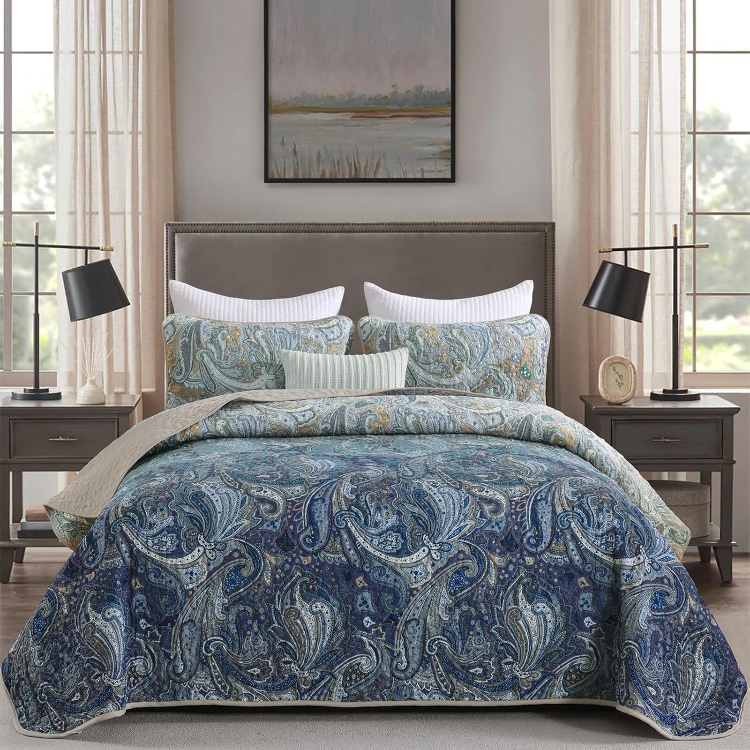 DJY Paisley Quilt Set King Size Soft Lightweight Boho Bedding