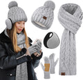 Women Winter Beanie Hat Scarf Gloves 4-in-1 Set - Warm Fleece Lined