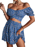 LYANER Women's Floral Off Shoulder Tie Up Crop Top and Mini Skirt