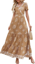 Womens V Neck Boho Maxi Dress with Pockets - Flowy Tiered Summer