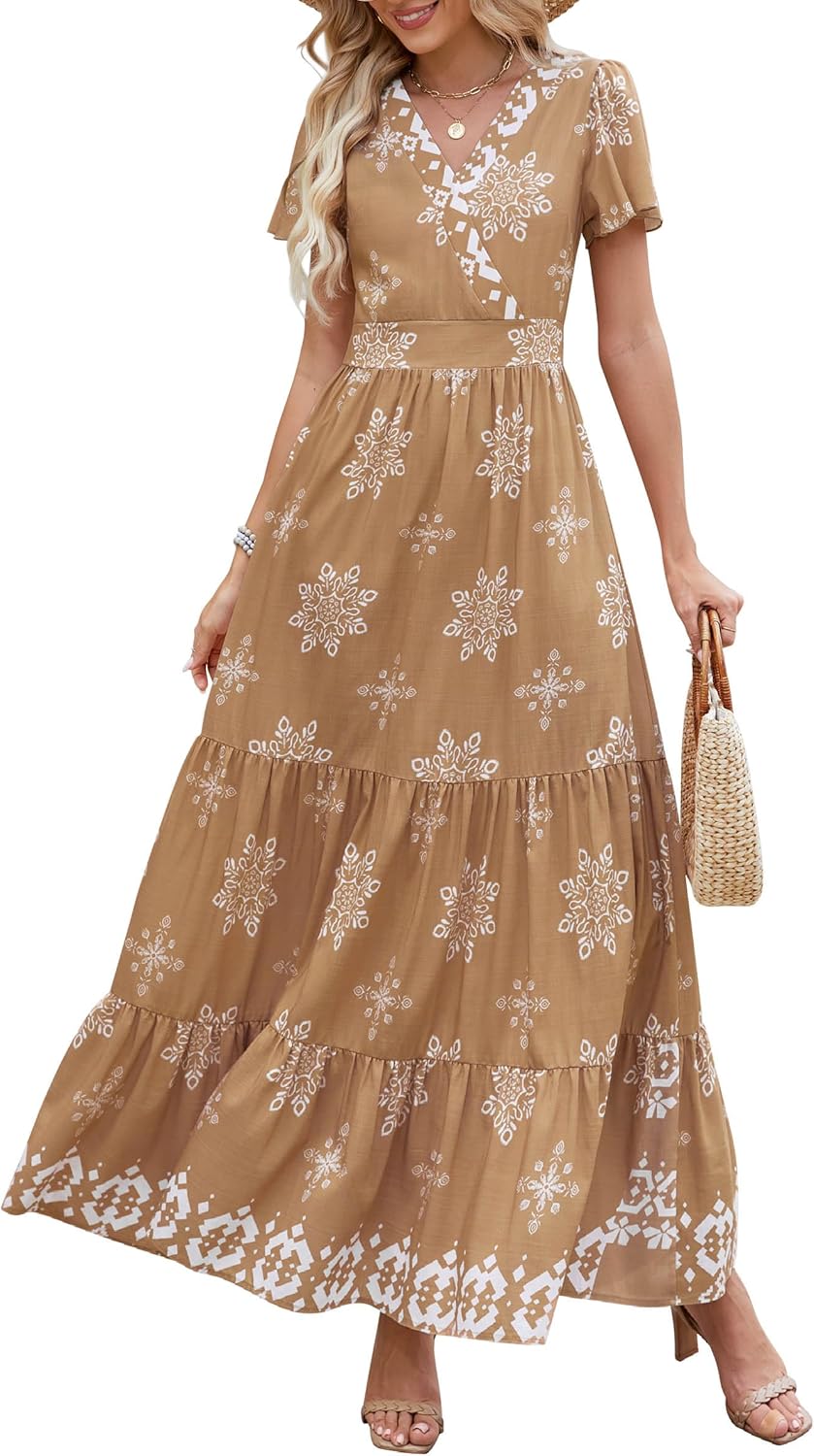 PRETTYGARDEN Womens Casual V Neck Boho Maxi Dress with Pockets