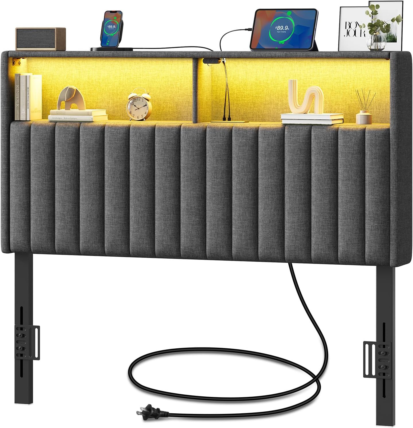 Rolanstar Velvet Upholstered Headboard with LED & USB Ports
