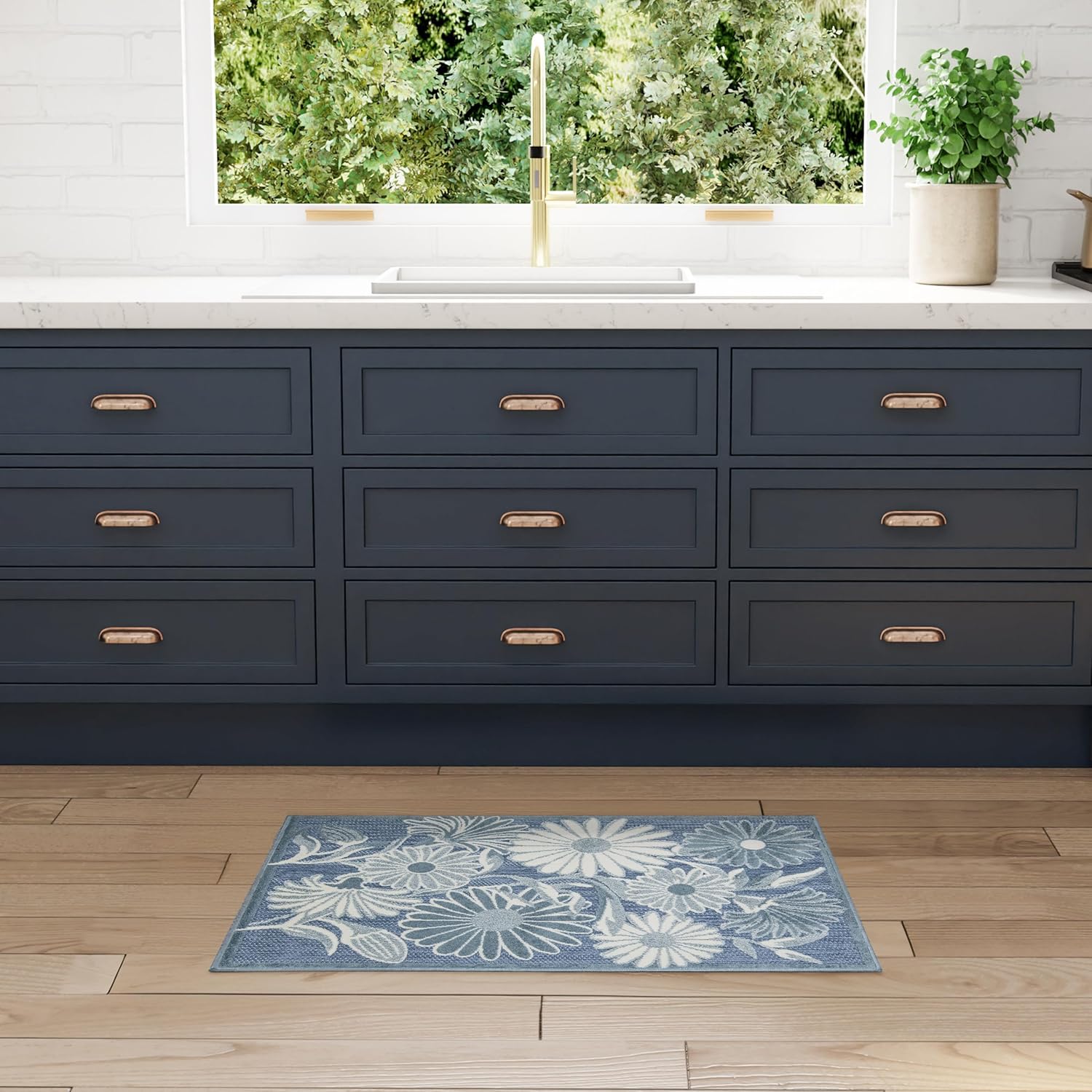 Nourison Aloha Blue Area Rug - Easy Clean Floral Design