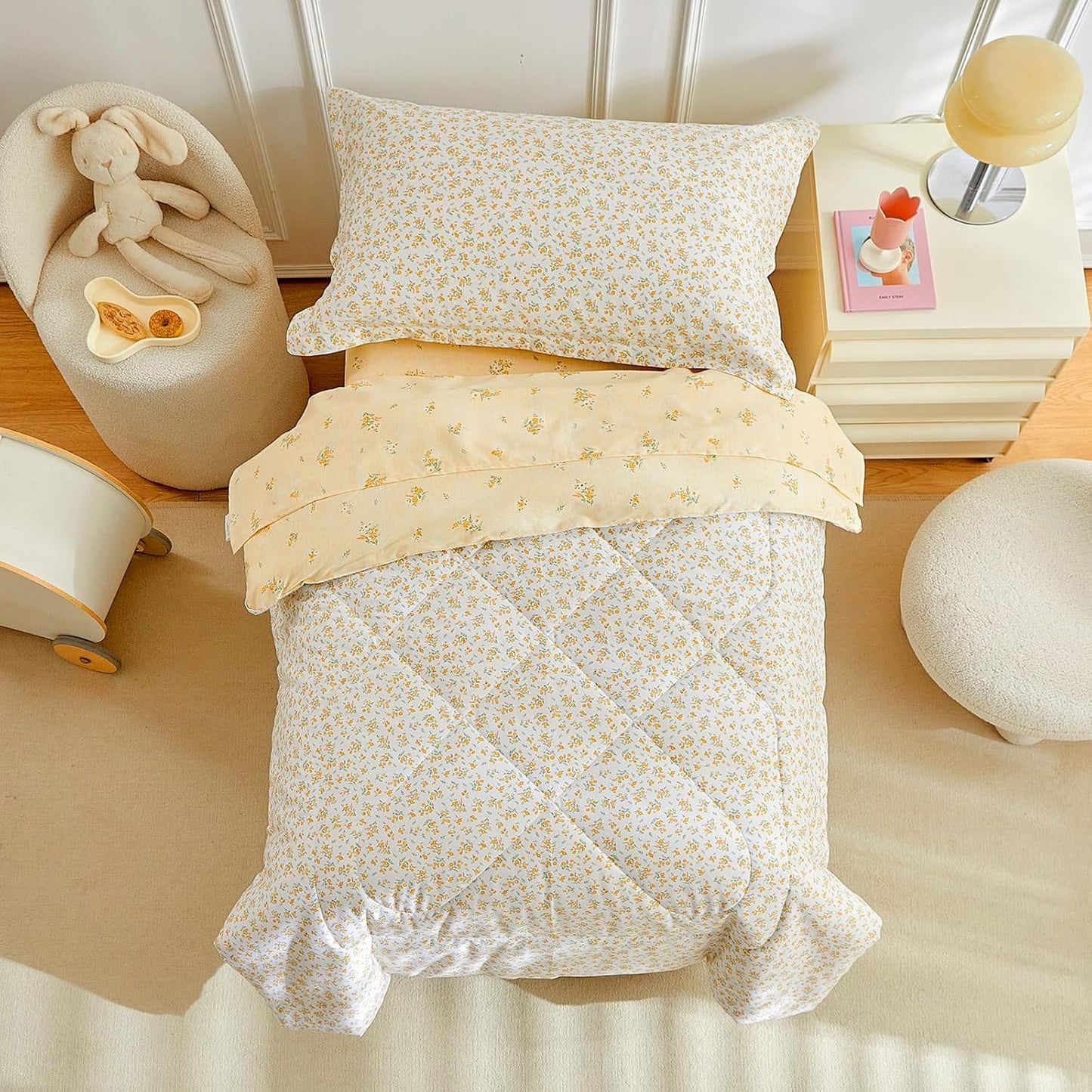 DuShow 4 Piece Cotton Toddler Bedding Set for Girls in Pink