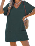 Waffle Knit V Neck Beach Coverup Dress with Pockets - Comfortable Fit