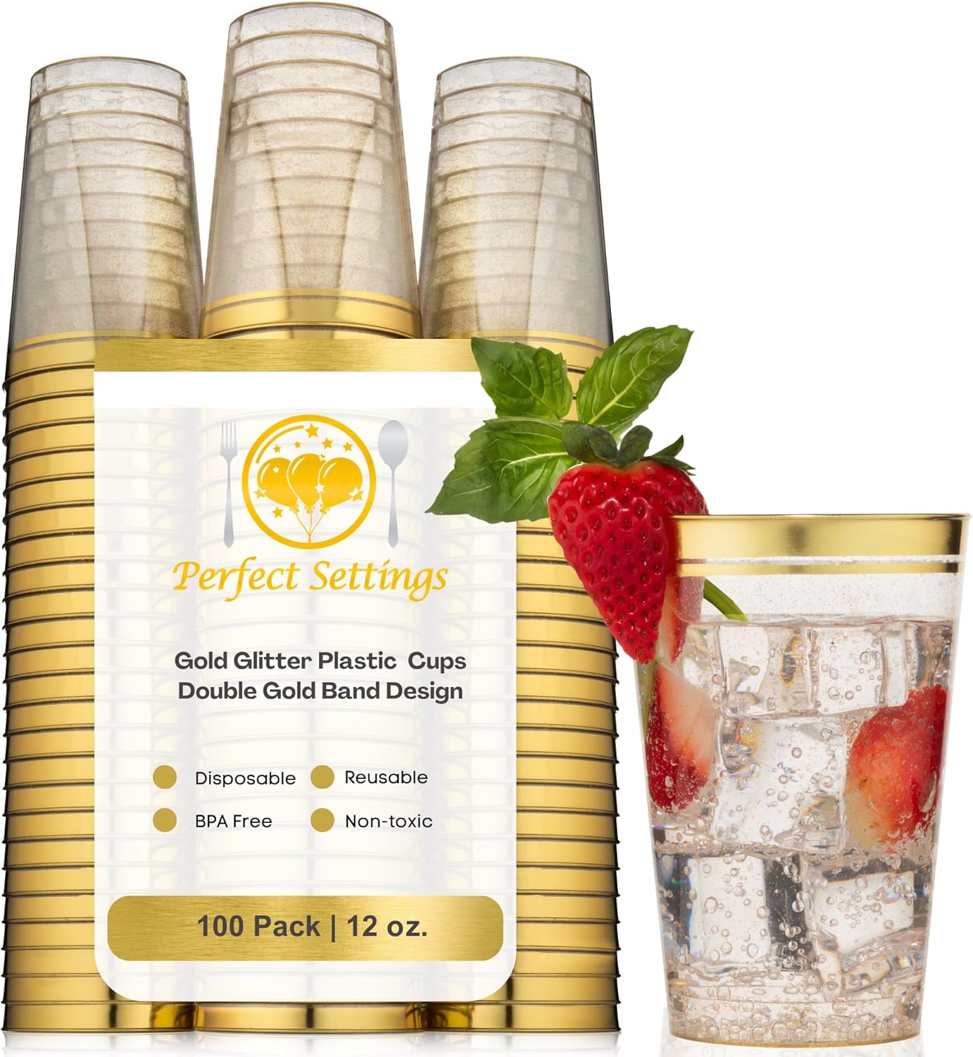 Elegant 100 Premium 12oz Hard Plastic Cups with Glitter Gold Rim
