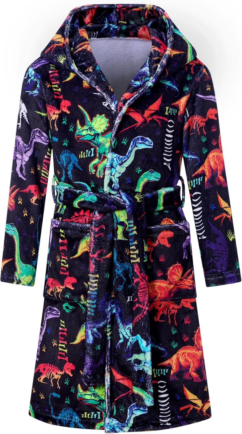 Funnycokid Boys Hooded Fleece Bathrobe for Ages 7-14 Years