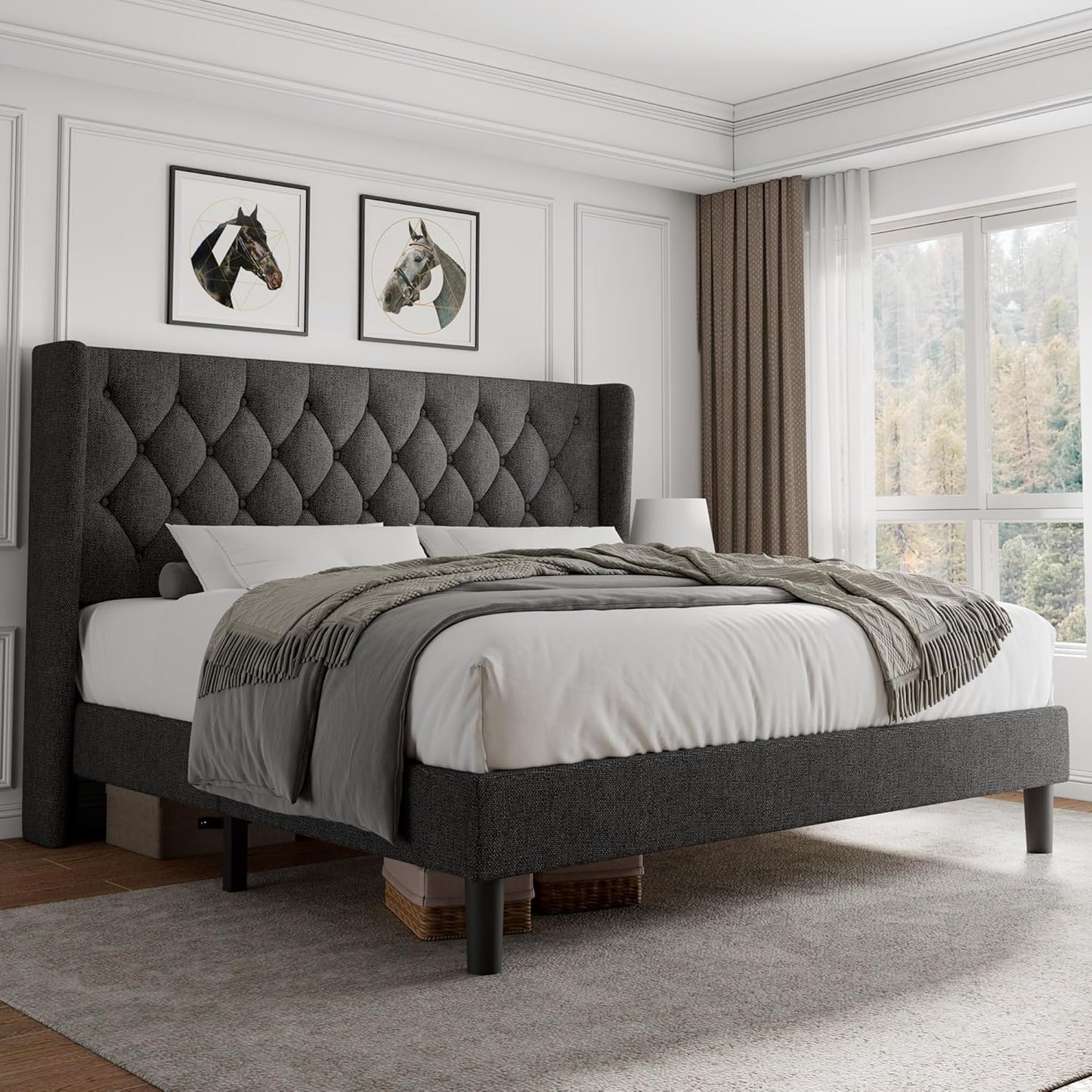 iPormis King Size Platform Bed Frame with Tufted Headboard