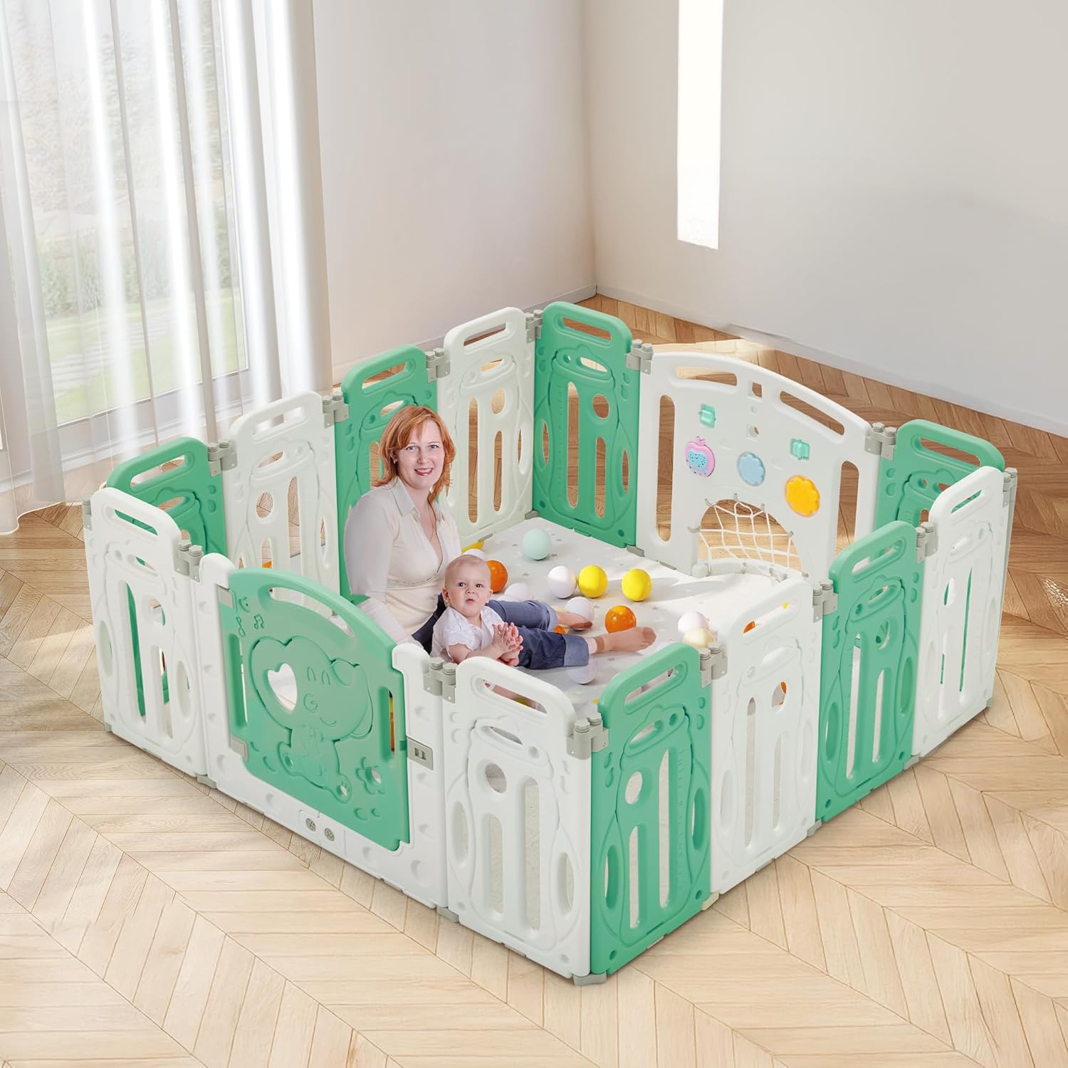 Foldable Plastic Baby Playpen with Music Player and Soccer Goal