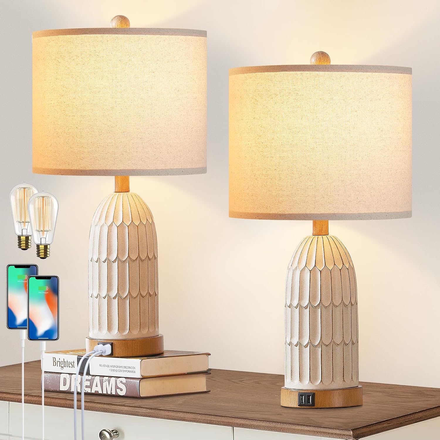 Dimmable Touch Table Lamps Set of 2 with USB Ports for Bedroom