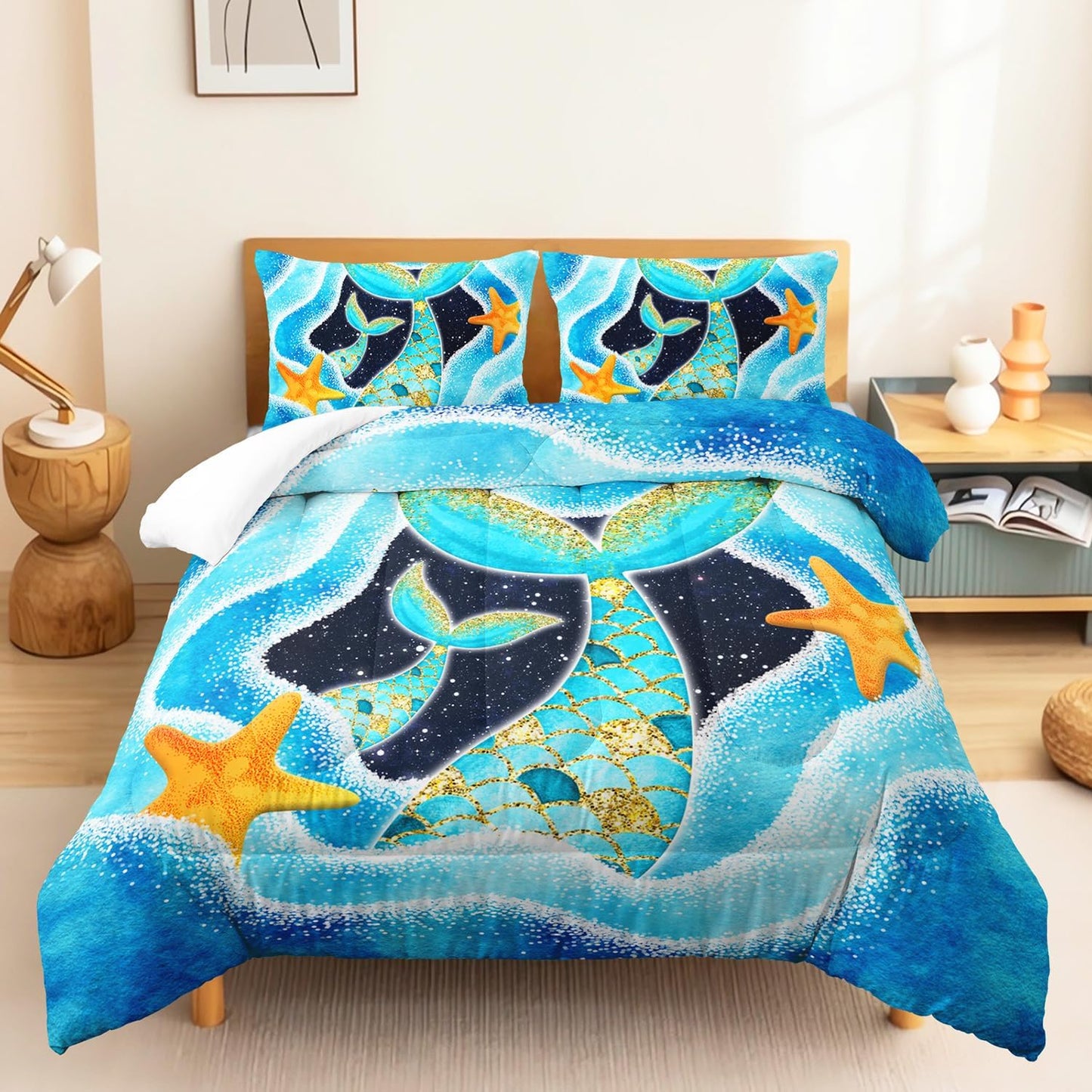 Mermaid Comforter Set Twin Size for Girls with Fish Scales
