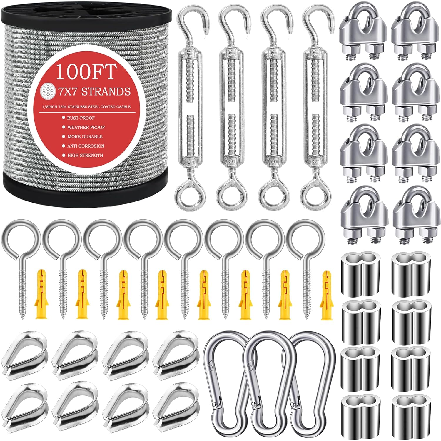1/8in Wire Rope 100FT Stainless Steel Cable with Turnbuckles