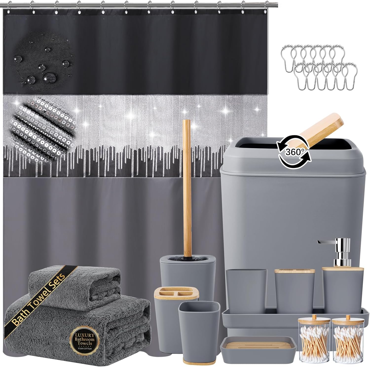 Glamorous Bathroom Accessory Set with Glitter Shower Curtain