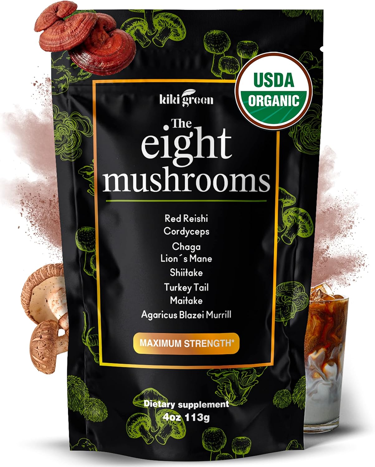 Focus & Energy Boost: KIKI Green 8 Mushrooms Powder - 4oz