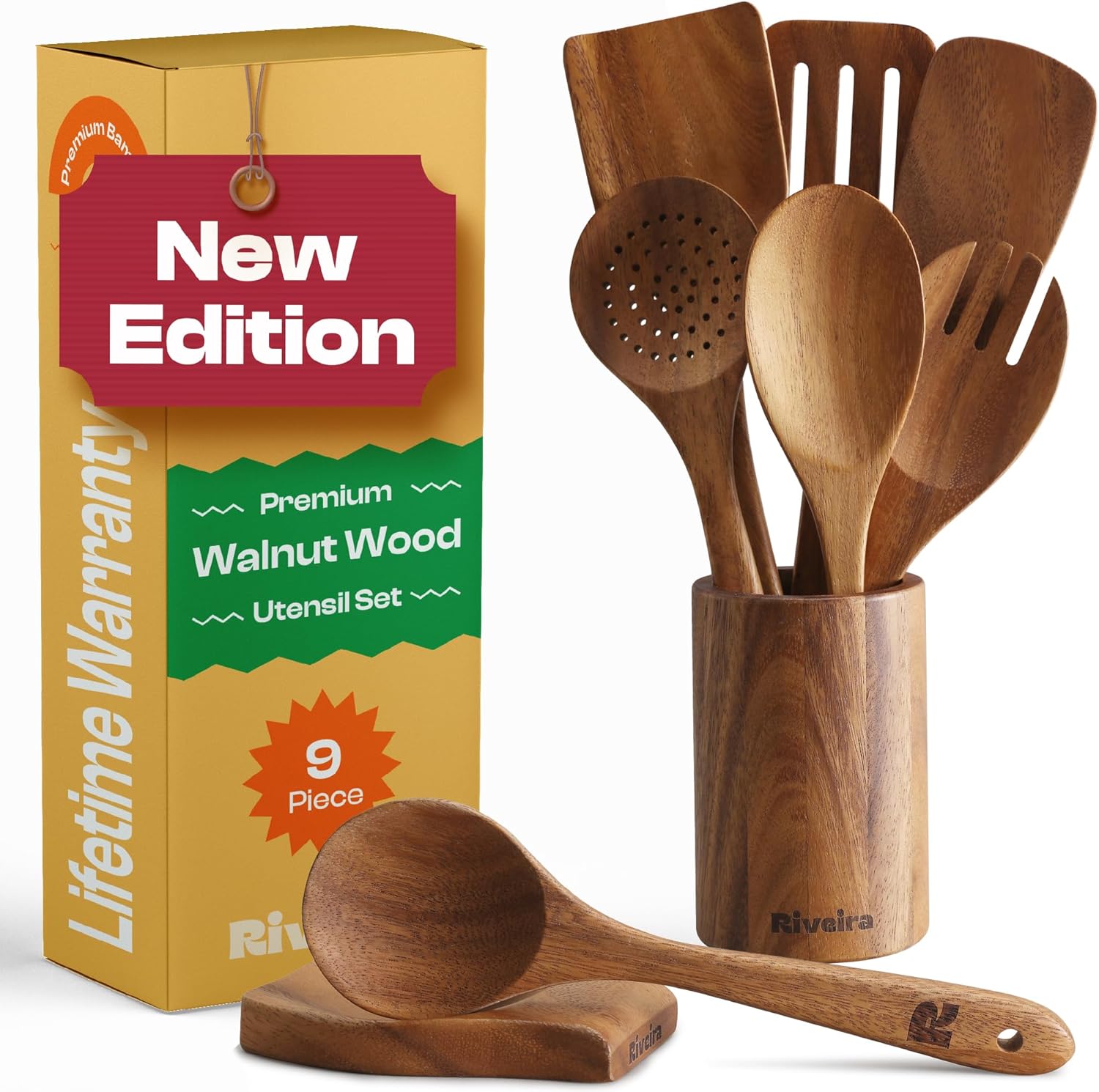 Premium Walnut Wooden Spoons Set of 9 for Non-Toxic Cooking