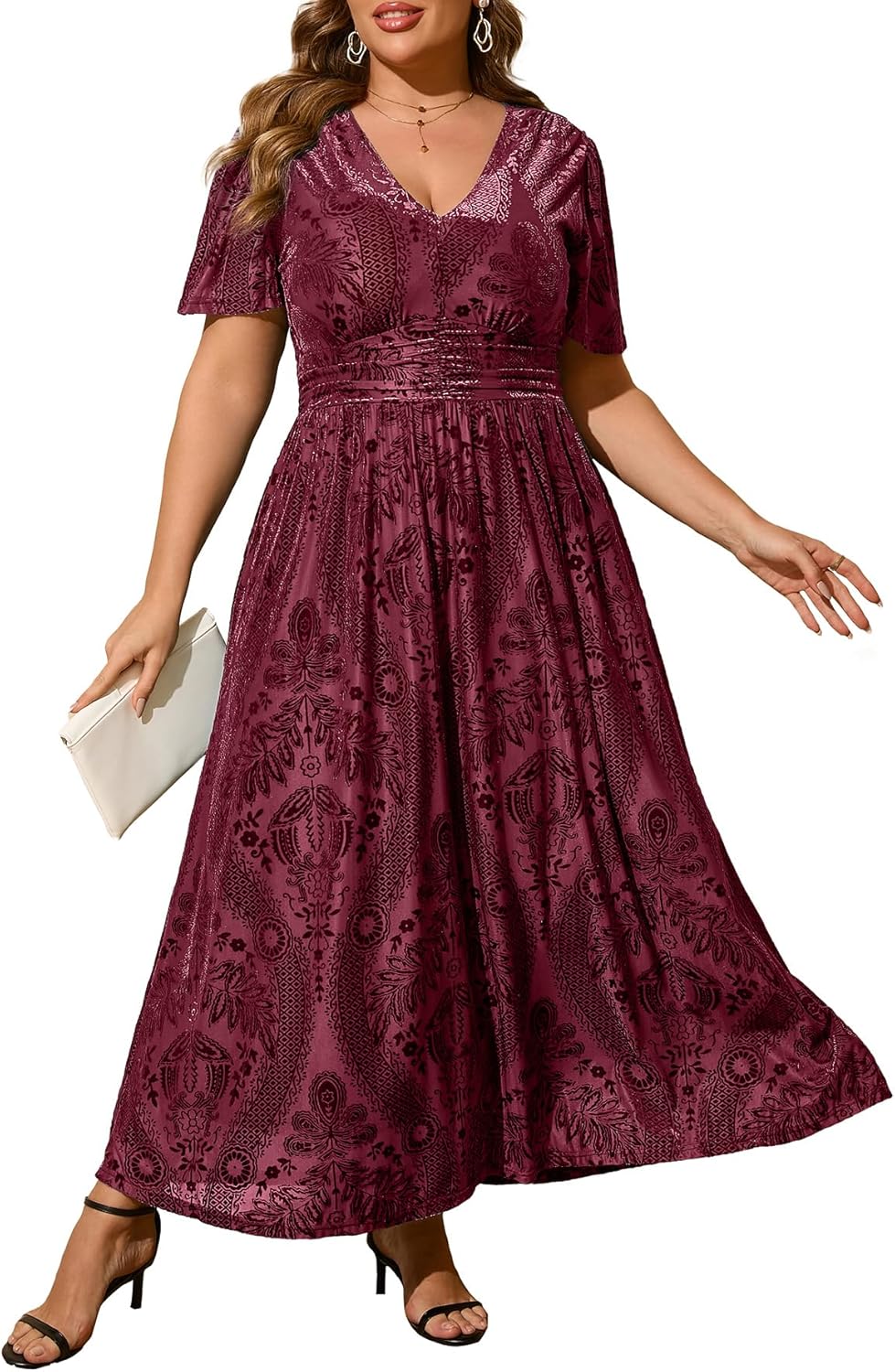 Simplee Womens V Neck Velvet Maxi Dress for Wedding Guests