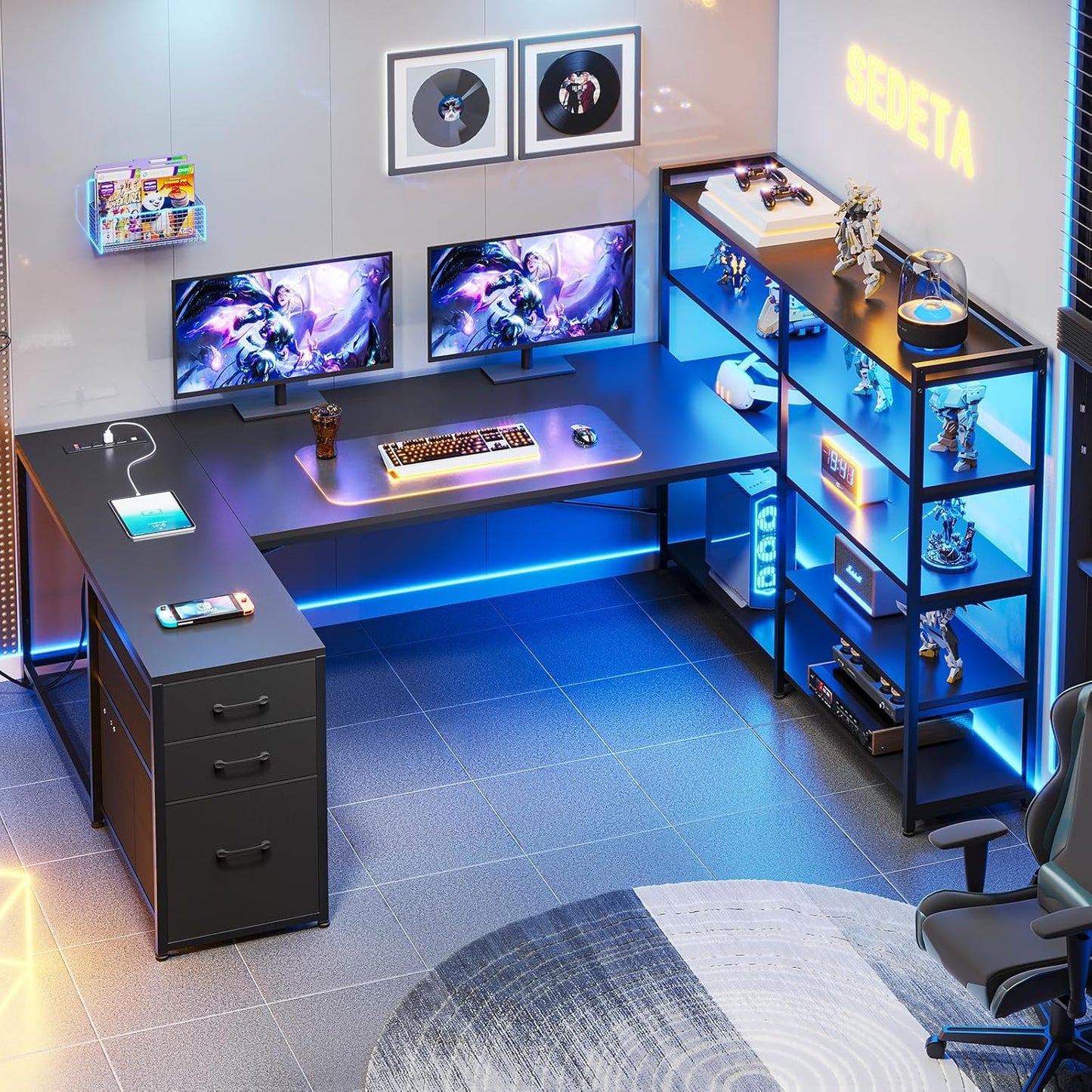L Shaped Gaming Desk with Power Outlet and LED Lights