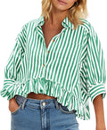 Cicy Bell Cropped Striped Button Down Ruffle Shirt - Casual Dressy