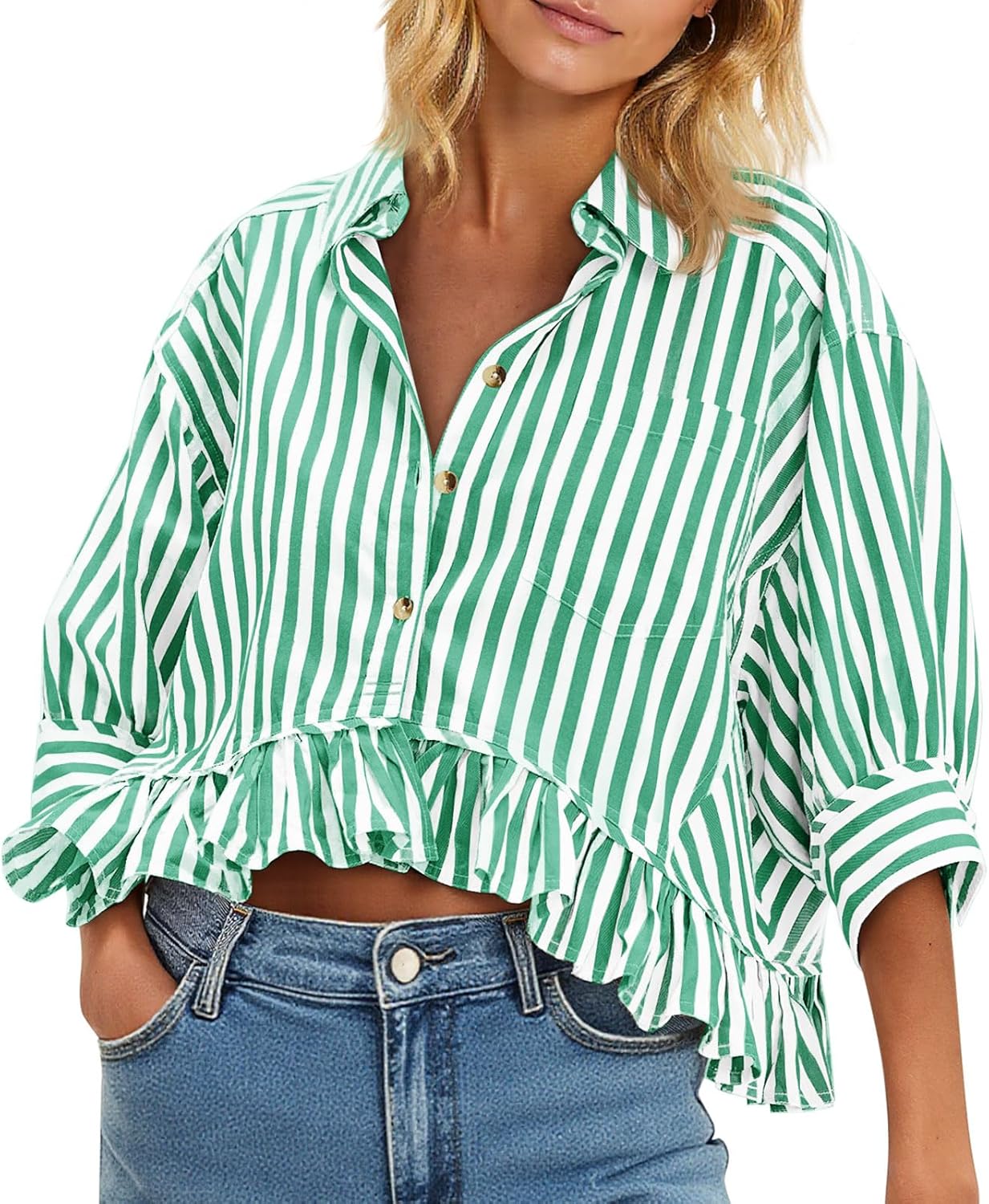 Cropped Striped Button Down Shirt with Ruffle Sleeves for Women