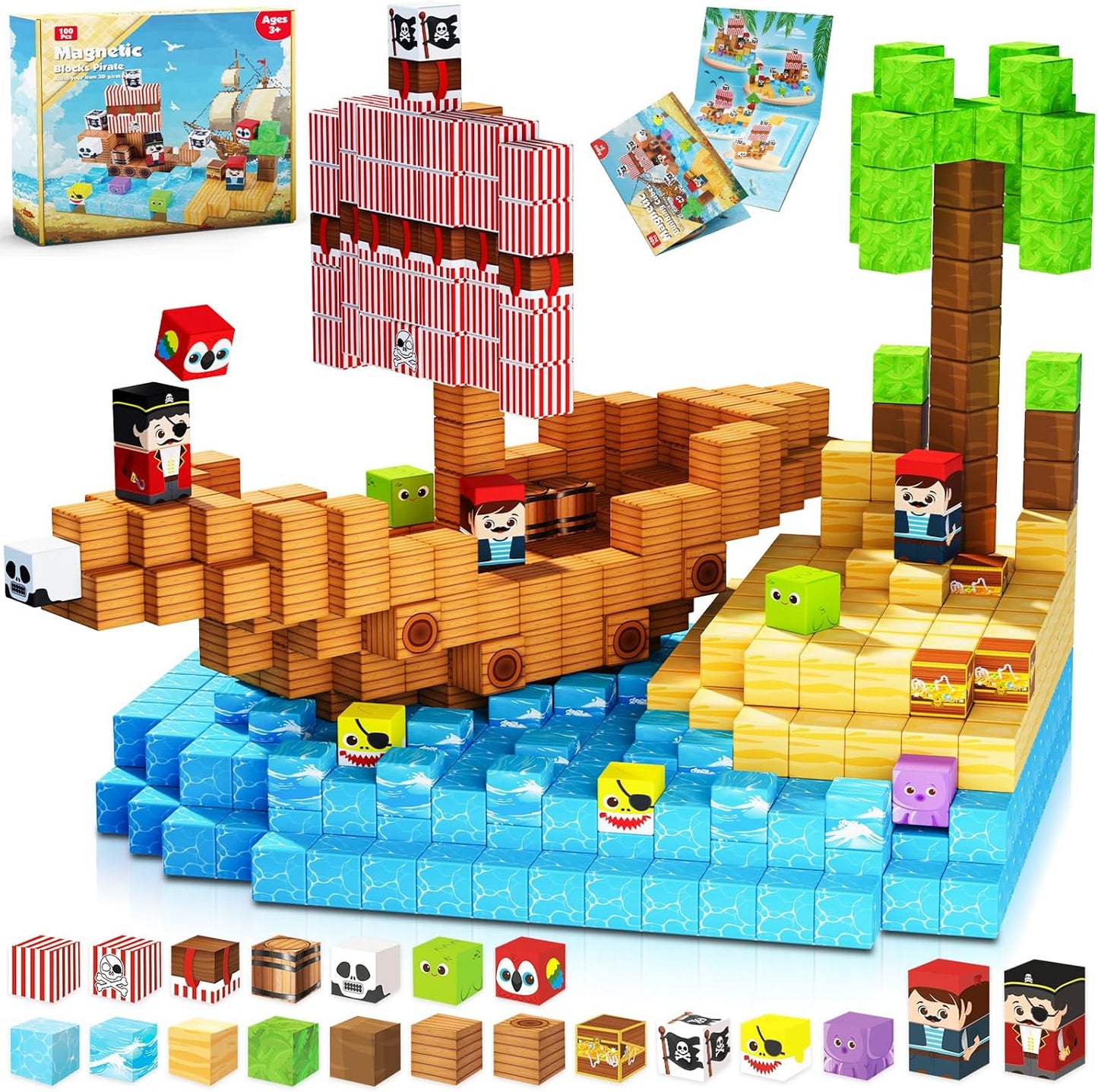 Magnetic Blocks 100PCS Build Pirate-Ship World Set for Kids