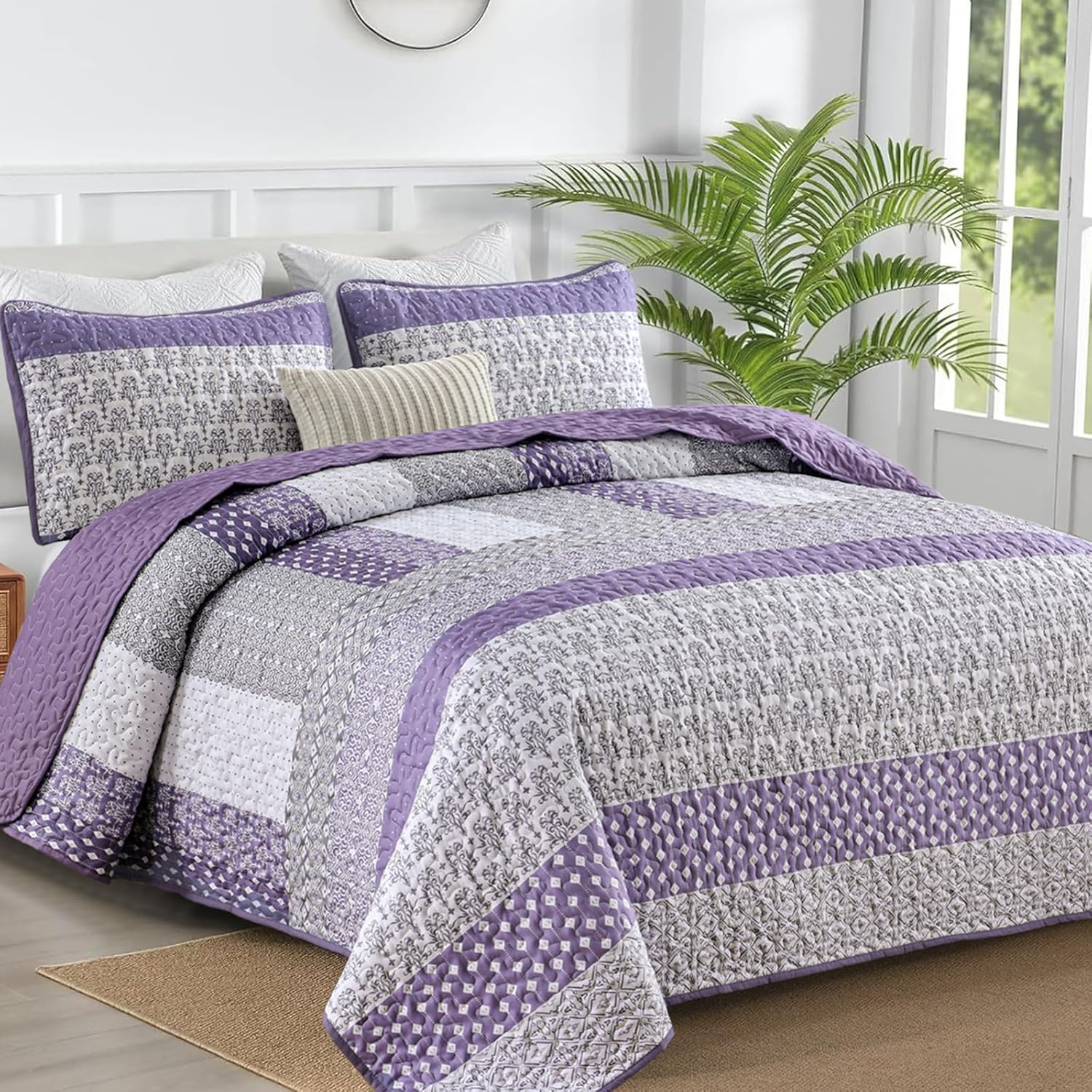 Purple Boho Quilt King Size Set - Lightweight Microfiber Bedding