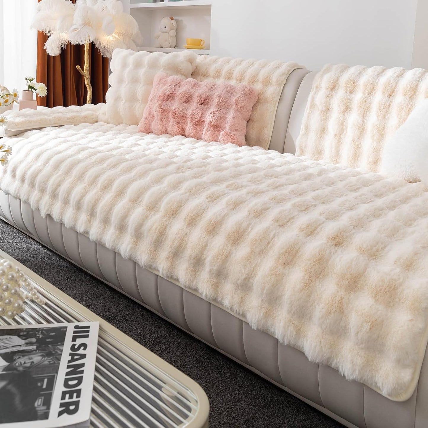 Faux Fur Couch Cover for L Shaped Sofas, Soft Plush Protector
