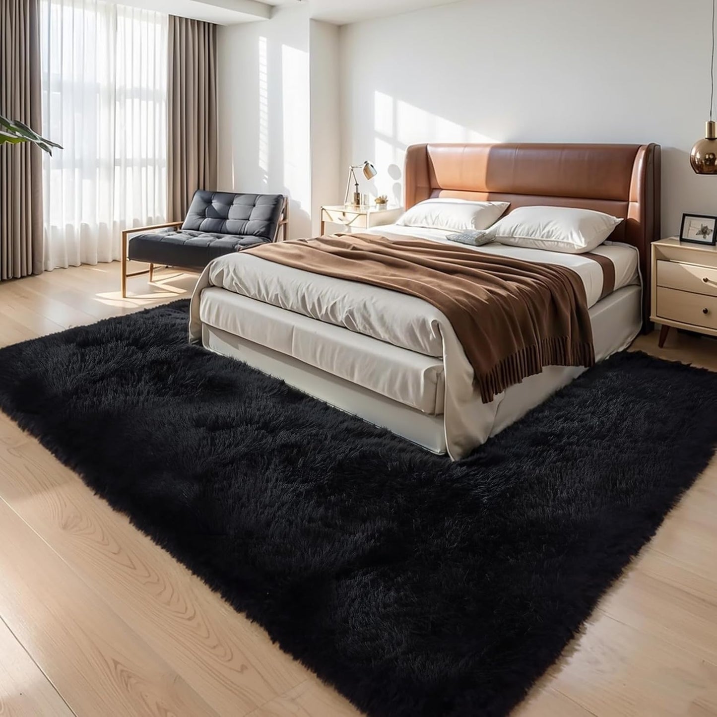 Thick Area Rug Black Fluffy Shag 6x9 for Cozy Living Spaces