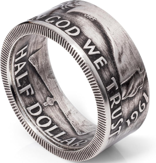 Handcrafted 1950-1963 Franklin Half Dollar Ring with Patina Finish